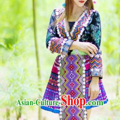 Top Quality Yunnan Mengzi Clothing China Miao Ethnic Women Short Dress Embroidered Blouse and Skirt and Hat