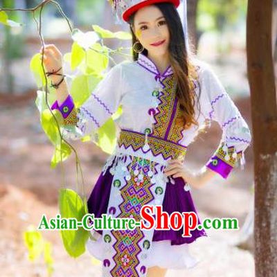 Top Quality Yao Minority White Blouse and Short Skirt Women Dance Clothing China Yunnan Ethnic Costumes with Hat