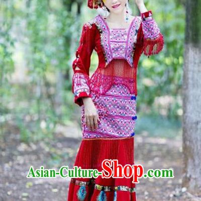 China Ethnic Nationality Bride Costumes with Headdress Yunnan Yao Minority Red Tassel Blouse and Skirt Top Quality Women Dance Clothing