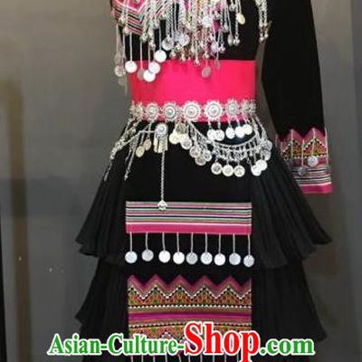 China Wenshan Miao People Clothing Female Photography Embroidered Outfits Miao Ethnic Minority Black Dress and Headpiece