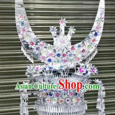 Chinese Traditional Ethnic Colorful Beads Hair Accessories Minority Women Folk Dance Headwear Guizhou Miao Nationality Headdress