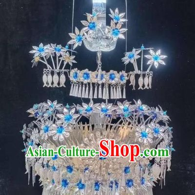 Chinese Miao Ethnic Wedding Bride Phoenix Hat Minority Folk Dance Hair Accessories Traditional Blue Beads Headdress