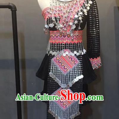China Ethnic Stage Performance Costumes Yunnan Yao Minority Dance Clothing Miao Nationality Women Black Dress