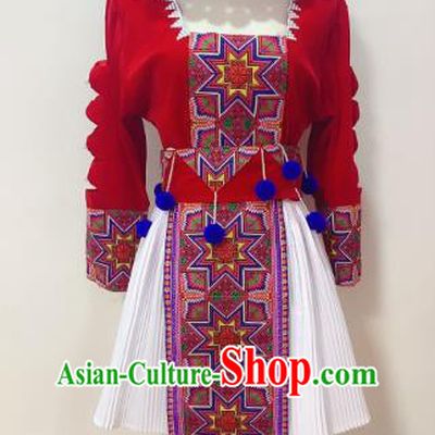China Yao Ethnic Women Costumes Yunnan Minority Folk Dance Clothing Nationality Stage Performance Dress and Hat