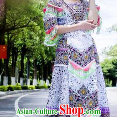 Top China Miao Ethnic Women Costumes Yunnan Minority Nationality Folk Dance Clothing Stage Performance Blouse and Long Skirt With Hat
