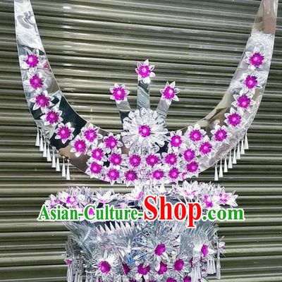 Chinese Traditional Ethnic Hair Coronet Minority Women Folk Dance Hair Accessories Guizhou Miao Nationality Wedding Rosy Flowers Hat