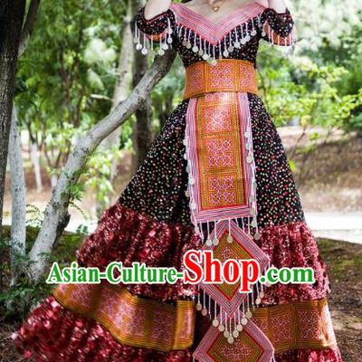 Top China Yunshan Miao Ethnic Costumes Minority Nationality Women Clothing Black Blouse and Long Skirt with Hat Full Set