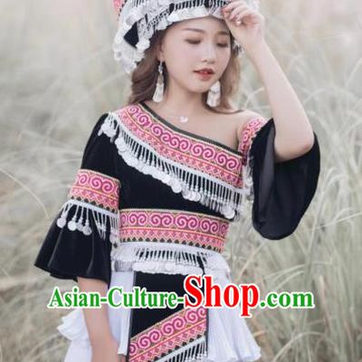 China Miao People Black One Shoulder Blouse and Short Skirt with Hat Guizhou Miao Ethnic Female Costumes Minority Nationality Photography Clothing