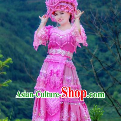 China Guangxi Yao Minority Bride Rosy Blouse and Long Skirt with Hat Miao Ethnic Nationality Female Photography Costumes Wedding Clothing
