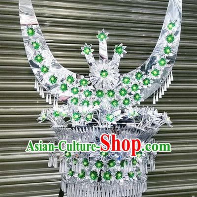 Chinese Ethnic Hair Accessories Traditional Miao Minority Women Folk Dance Headdress Wedding Green Flowers Hat