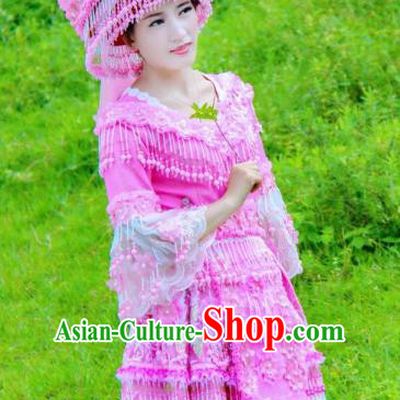 Top Quality China Ethnic Rosy Blouse and Short Skirt Miao Nationality Folk Dance Clothing Fashion with Headdress