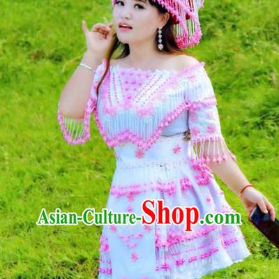 Top Quality China Guizhou Ethnic Light Blue Blouse and Short Skirt Fashion with Headdress Miao Nationality Folk Dance Clothing