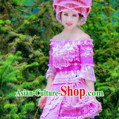 Top Quality China Minority Fashion with Headdress Miao Nationality Folk Dance Clothing Liangshan Ethnic Purple Blouse and Short Skirt