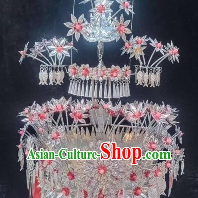 Chinese Traditional Minority Folk Dance Headdress Miao Ethnic Wedding Red Beads Flowers Phoenix Hat Bride Hair Accessories