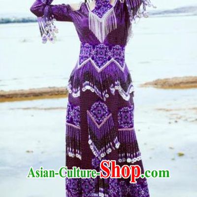 Top Quality Ethnic Fashion China Folk Dance Purple Dress Guizhou Miao Nationality Photography Clothing with Hat