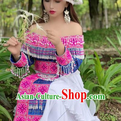 China Miao Ethnic Wedding Dress Embroidered Costumes Top Quality Miao Nationality Fashion Minority Bride Dress and Rosy Headwear