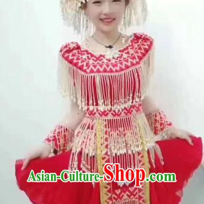 China Sichuan Ethnic Red Blouse and Short Skirt Nationality Folk Dance Costumes Minority Women Clothing with Headdress