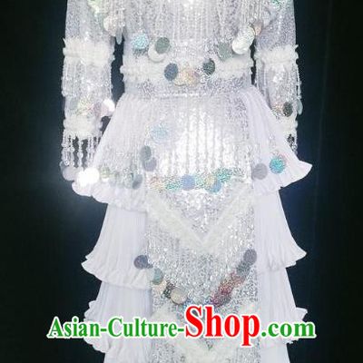 Ethnic Fashion China Miao Nationality Argent Sequins Clothing and Headwear Minority Women Folk Dance Costumes