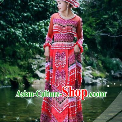 Guizhou Minority Folk Dance Red Long Dress Traditional Wedding Women Costumes China Miao Ethnic Bride Apparels and Hat