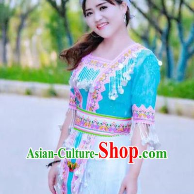 China Ethnic Apparels Miao Minority Blue Blouse and Short Pleated Skirt Traditional Nationality Women Costumes Folk Dance Clothing and Hat
