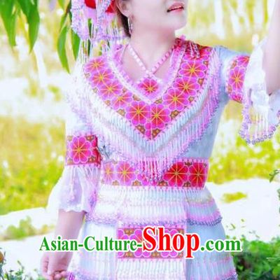 China Ethnic Summer Apparels Traditional Miao Nationality Women Costumes Yunnan Minority Pink Short Dress Folk Dance Clothing and Hat