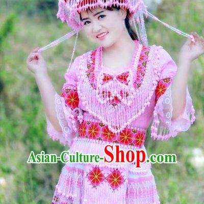 China Miao Ethnic Women Apparels Traditional Nationality Folk Dance Costumes Yunnan Minority Beads Tassel Short Dress and Hat