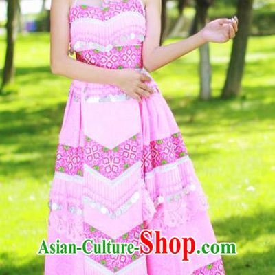 Top Quality Guizhou Minority Sexy Pink Dress Festival Celebration Dance Costumes China Yao National Ethnic Bride Apparels
