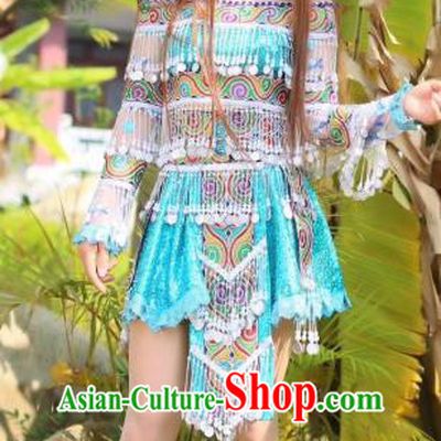 China Nationality Folk Dance Clothing Off Shoulder Blouse and Short Skirt Miao Minority Ethnic Women Stage Performance Costumes