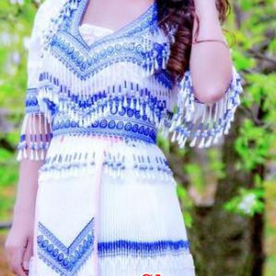 China Miao Minority Stage Performance Beads Tassel Long Dress Traditional Ethnic Apparels Nationality Folk Dance Costumes and Hat