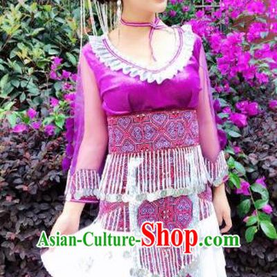 China Traditional Gunangxi Ethnic Folk Dance Apparels Zhuang Nationality Stage Performance Costumes Minority Women Purple Short Dress and Headwear
