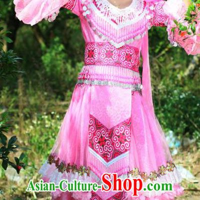 China Yao Minority Costumes Traditional Ethnic Folk Dance Apparels Tujia Nationality Bride Pink Long Dress and Headdress