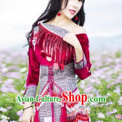 Guangxi Ethnic Women Apparels Minority Wedding Costumes China Nationality Wine Red Dress and Hat