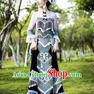 Yunnan Ethnic Women Apparels Miao Minority Wedding Costumes China Nationality Black Long Dress and Headwear