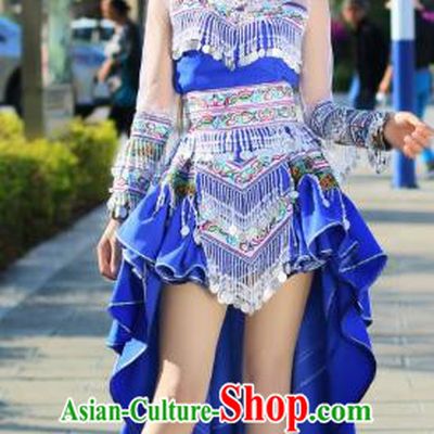 China Traditional Yi Ethnic Apparels Nationality Folk Dance Costumes Minority Stage Performance Royalblue Dress and Headdress