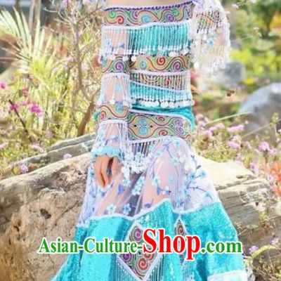 China Miao Nationality Female Clothing Blue Blouse and Long Skirt Travel Photography Ethnic Costumes with Headwear