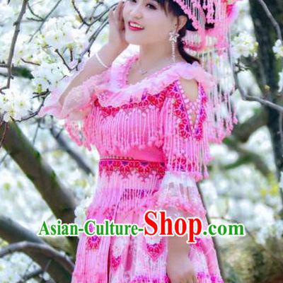 Bride Rosy Blouse and Short Skirt Travel Photography Ethnic Costumes with Hat China Miao Nationality Women Clothing