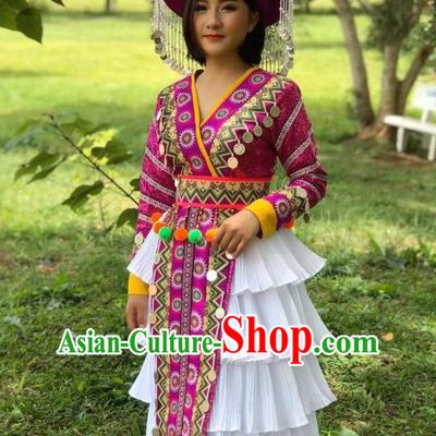 China Ethnic Rosy Blouse and Long Skirt Nationality Women Stage Performance Costumes Yi Minority Dance Clothing with Hat
