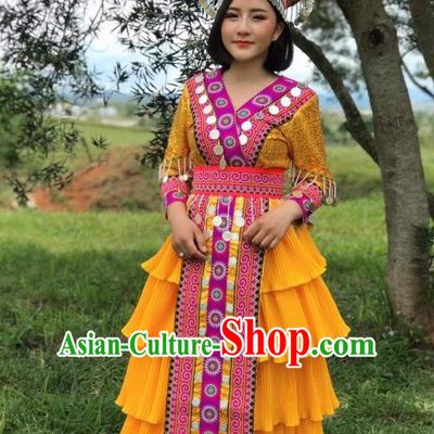 China Ethnic Nationality Stage Performance Costumes Yi Minority Women Clothing Golden Blouse and Long Skirt with Headpiece