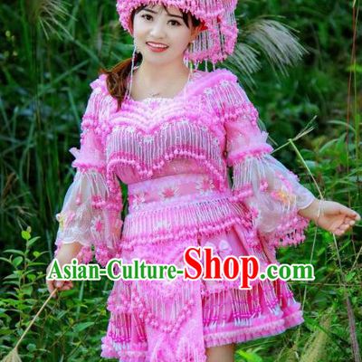 Fashion Miao Minority Costumes China Guizhou Folk Dance Clothing Travel Photography Pink Blouse and Skirt with Hat for Women