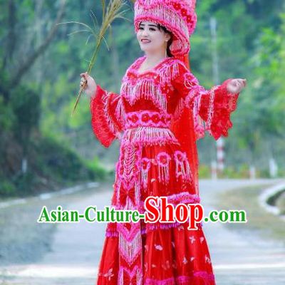 Fashion Miao Minority Wedding Costumes China Ethnic Folk Dance Clothing Travel Photography Bride Red Blouse and Long Skirt with Hat