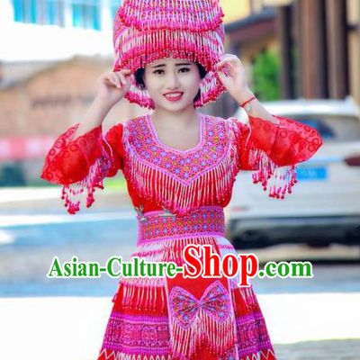China Minority Stage Show Costumes Fashion Yi Ethnic Folk Dance Clothing Travel Photography Dress with Beads Tassel Hat