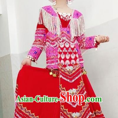 China Yunnan Minority Clothing Travel Photography Red Dress Ethnic Women Costumes Miao Nationality Fashion with Hat