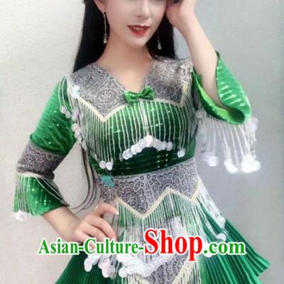 China Wenshan Miao Minority Clothing Travel Photography Green Blouse and Short Skirt Ethnic Women Fashion Costumes with Hat
