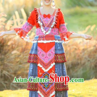 Miao Minority Folk Dance Costumes China Miao Ethnic Celebration Clothing Traditional Fashion with Hat