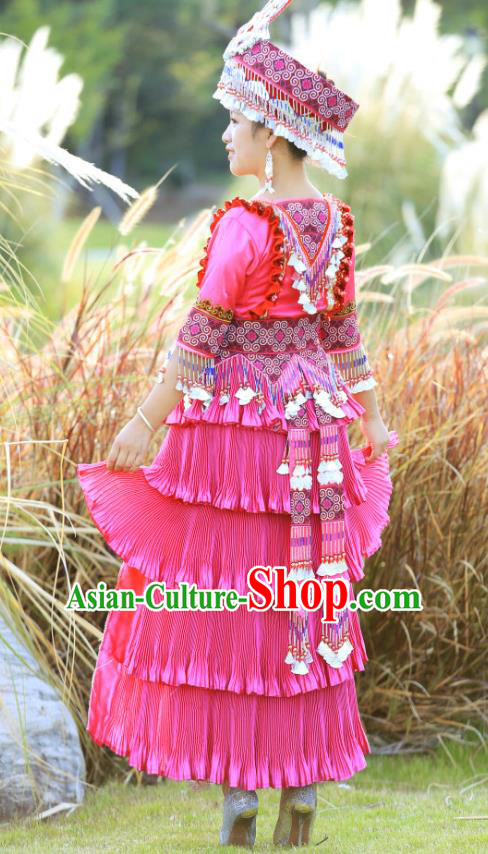 China Ethnic Celebration Costume Traditional Miao Minority Nationality Clothing Rosy Dress with Headwear