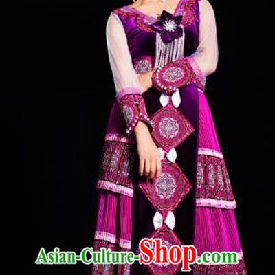 China Guizhou Miao Minority Traditional Clothing Travel Photography Fashion Ethnic Folk Dance Purple Velvet Dress with Hat