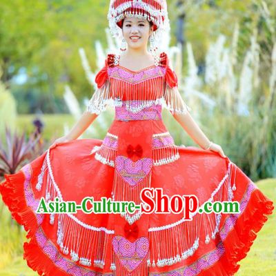 China Ethnic Bride Celebration Costume Traditional Miao Minority Nationality Clothing Wedding Dress with Headpiece