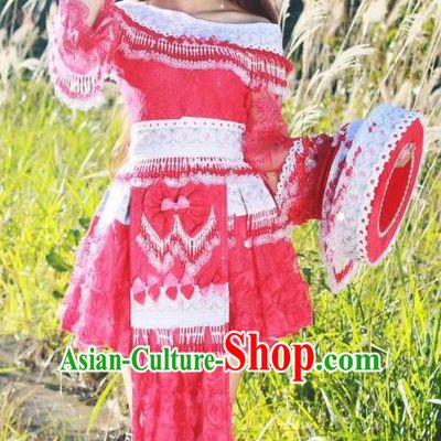China Minority Celebration Dress Ethnic Miao Nationality Embroidered Rose Red Blouse and Short Skirt Traditional Festival Costume with Headwear