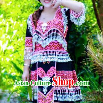 China Traditional Yao Ethnic Costumes Minority Nationality Folk Dance Clothing and Hat