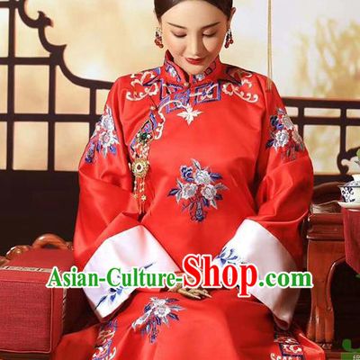 Chinese Qing Dynasty Empress Xiaozhuang Costumes Ancient Manchu Palace Queen Red Dress Clothing and Headdress Full Set